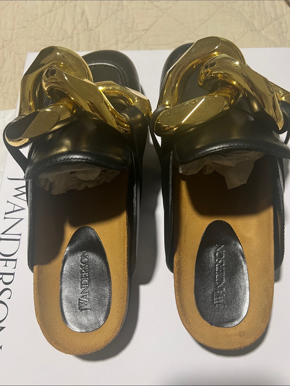 JW ANDERSON Black Leather Loafers with Gold Chain Accent - Picture 6 of 6
